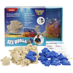 Sandy Clay Spielsand Seaworld 600g mit Förmchen und Hintergrund
