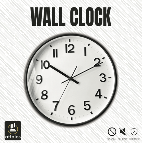 Attalos Wanduhr – Stilles Quarzuhrwerk – Minimalistische Designuhr – Wanduhr Küche 30 cm – Uhr Schwarz mit Weiß-2