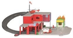 siku 5508, Feuerwache, Rot, Inkl. Aufkleber-Set, Hochwertiger Kunststoff, Mit Licht- und Soundeffekten, Inkl. Feuerwehrauto und Hubschrauber