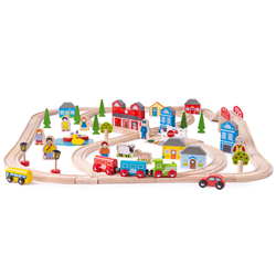 BigJigs Holz Eisenbahnset Stadt und Land - 101-teiliges Spielzeug