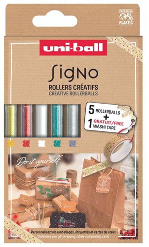 Uni-Ball Uni Signo Gelstift Glitzer-Set Weihnachten + 1 kostenloses Washi Tape